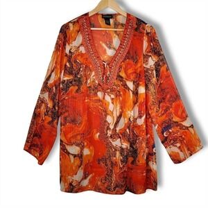 Lane Bryant Abstract Print Beaded Tunic Blouse Orange Size 14/16